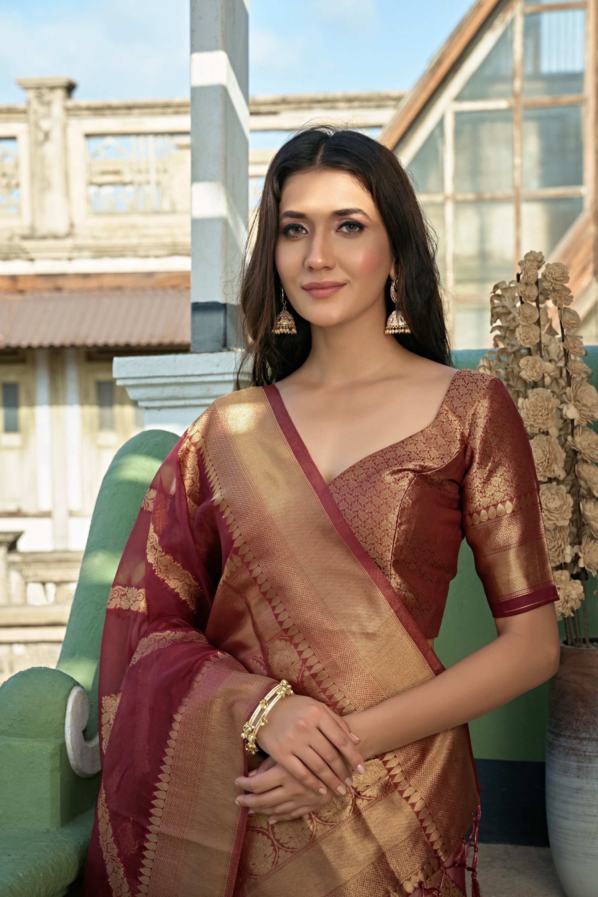 Vardha Ruby Red Golden Zari Banarasi Organza Saree | Swadesiicart