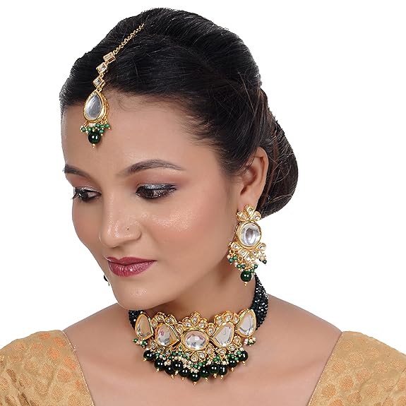 Tehzeeb Creations Back Meenakari Gold-Polished Tika Earring Jewellery Set Uncut Kundan Big Faux Kundan Dibbi Kundan Choker Necklace Set | Swadesiicart