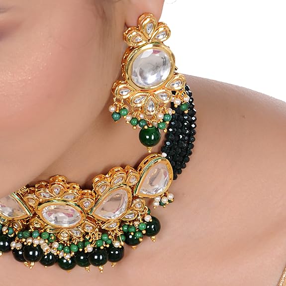 Tehzeeb Creations Back Meenakari Gold-Polished Tika Earring Jewellery Set Uncut Kundan Big Faux Kundan Dibbi Kundan Choker Necklace Set | Swadesiicart