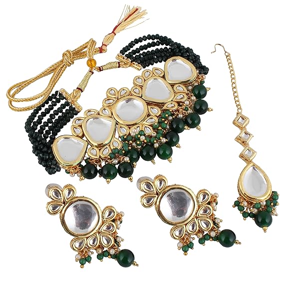 Tehzeeb Creations Back Meenakari Gold-Polished Tika Earring Jewellery Set Uncut Kundan Big Faux Kundan Dibbi Kundan Choker Necklace Set | Swadesiicart