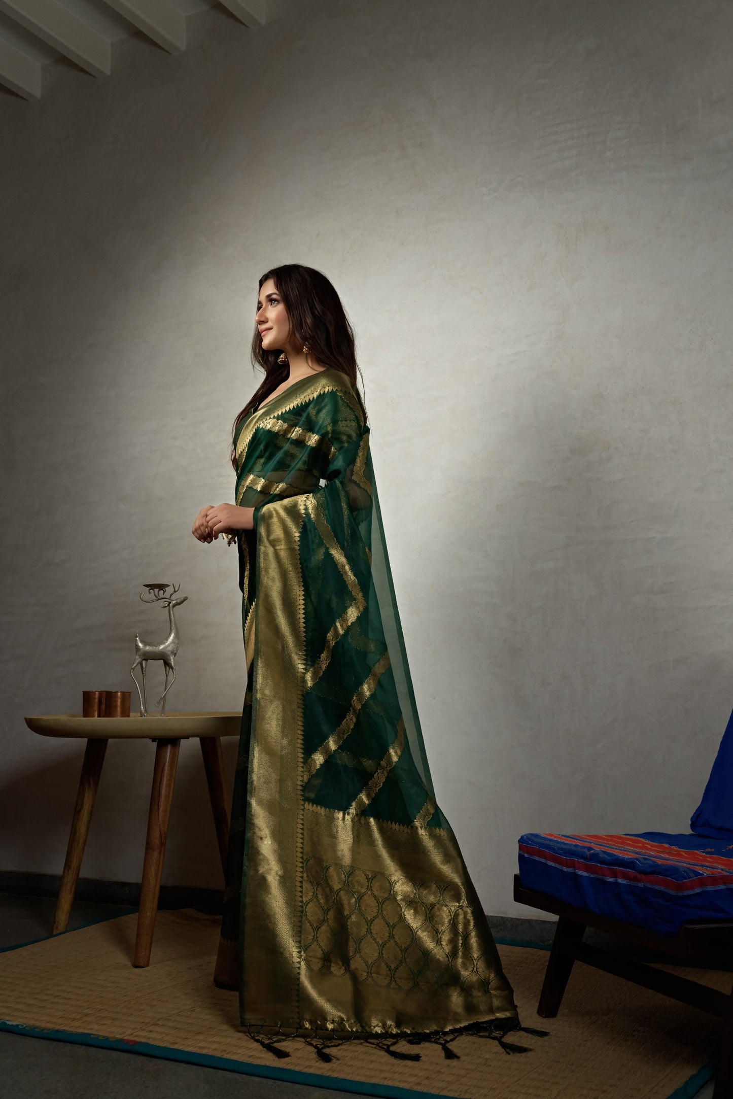 Vardha Emerald Green Golden Zari Banarasi Organza Saree | Swadesiicart