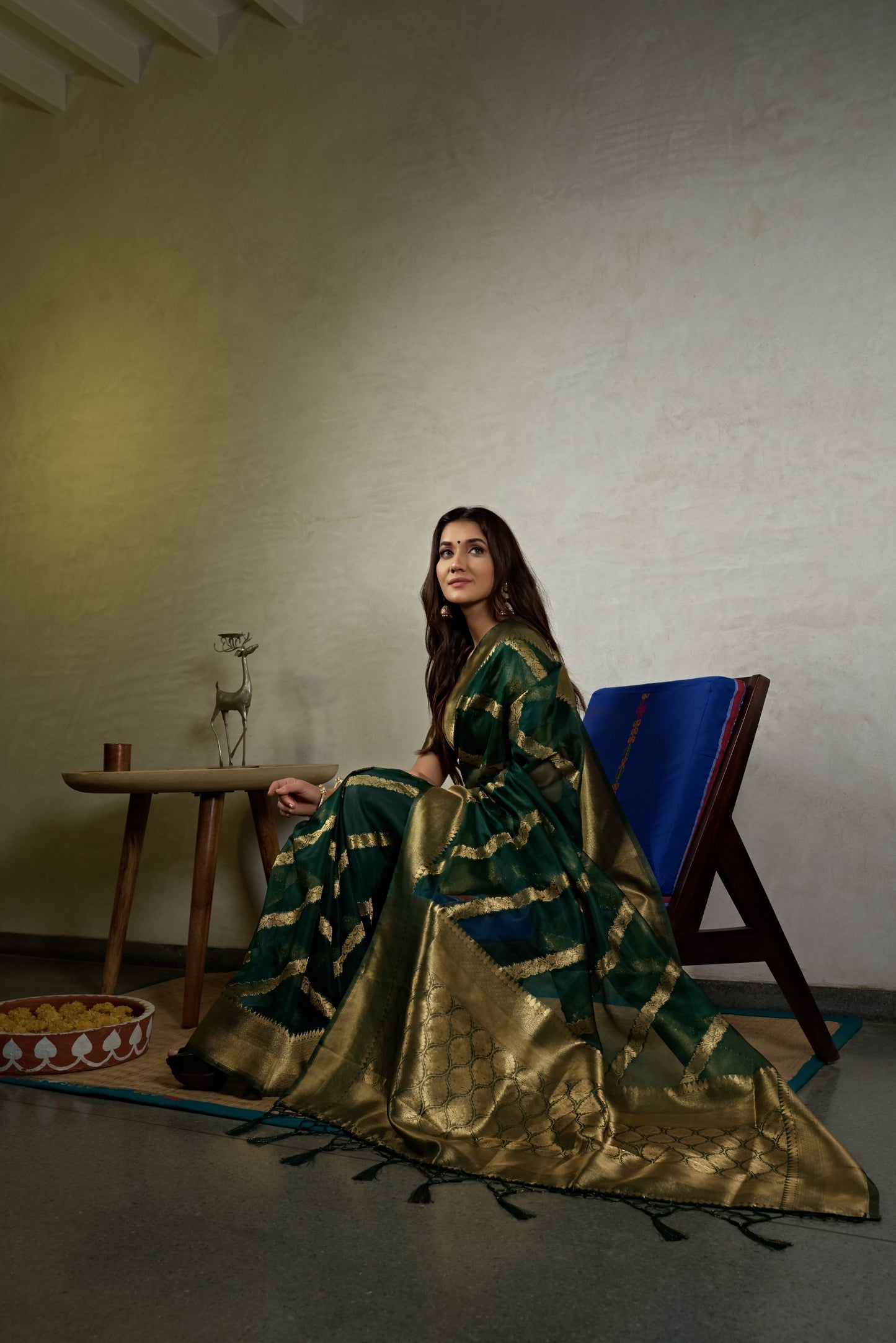 Vardha Emerald Green Golden Zari Banarasi Organza Saree | Swadesiicart