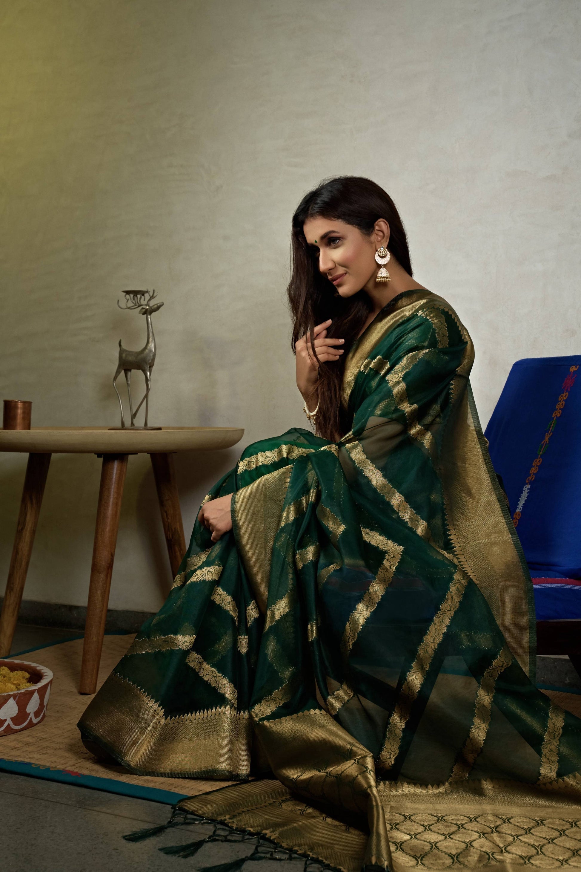 Vardha Emerald Green Golden Zari Banarasi Organza Saree | Swadesiicart