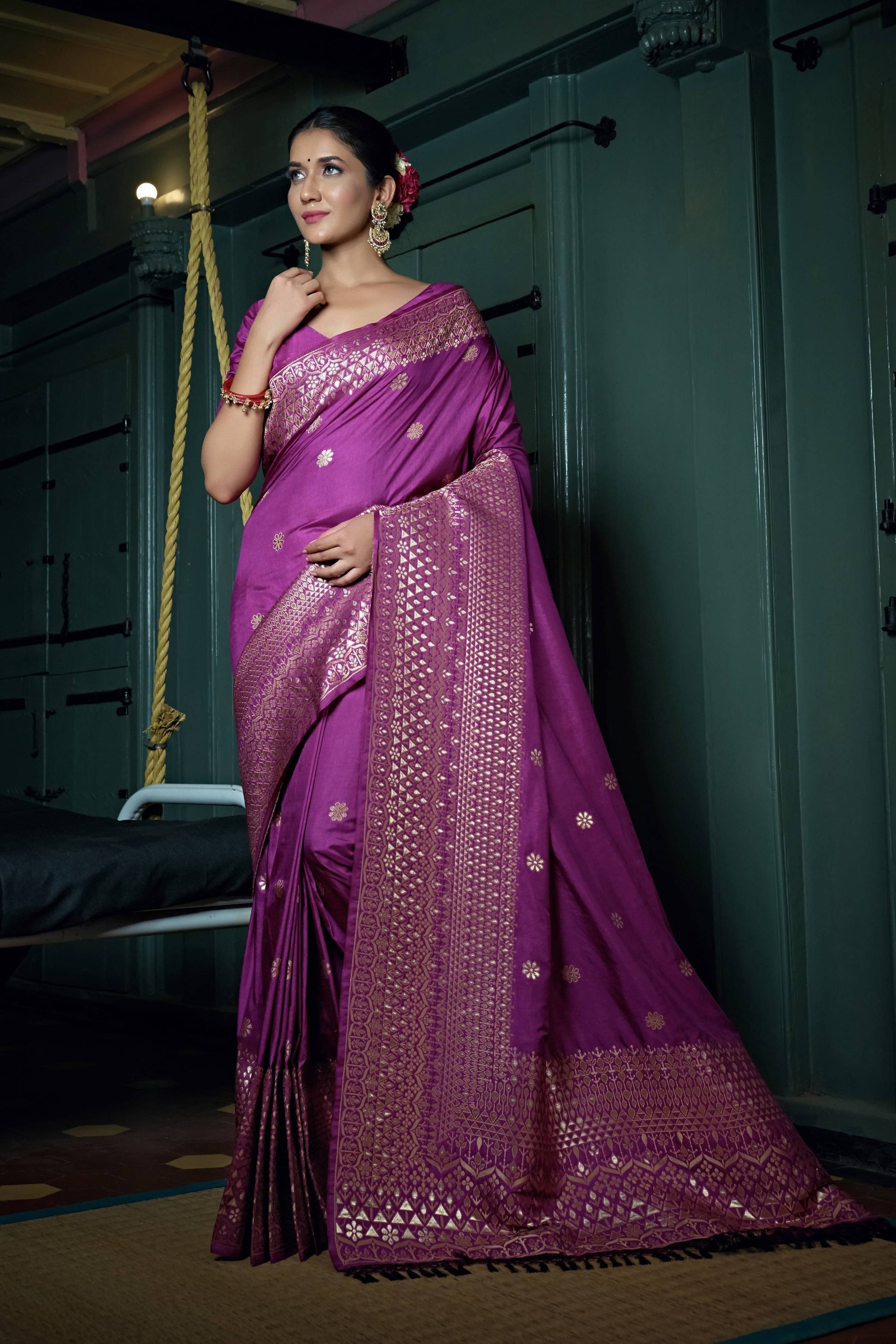 Vardha Byzantium Purple Golden Zari Banarasi Silk Saree | Swadesiicart