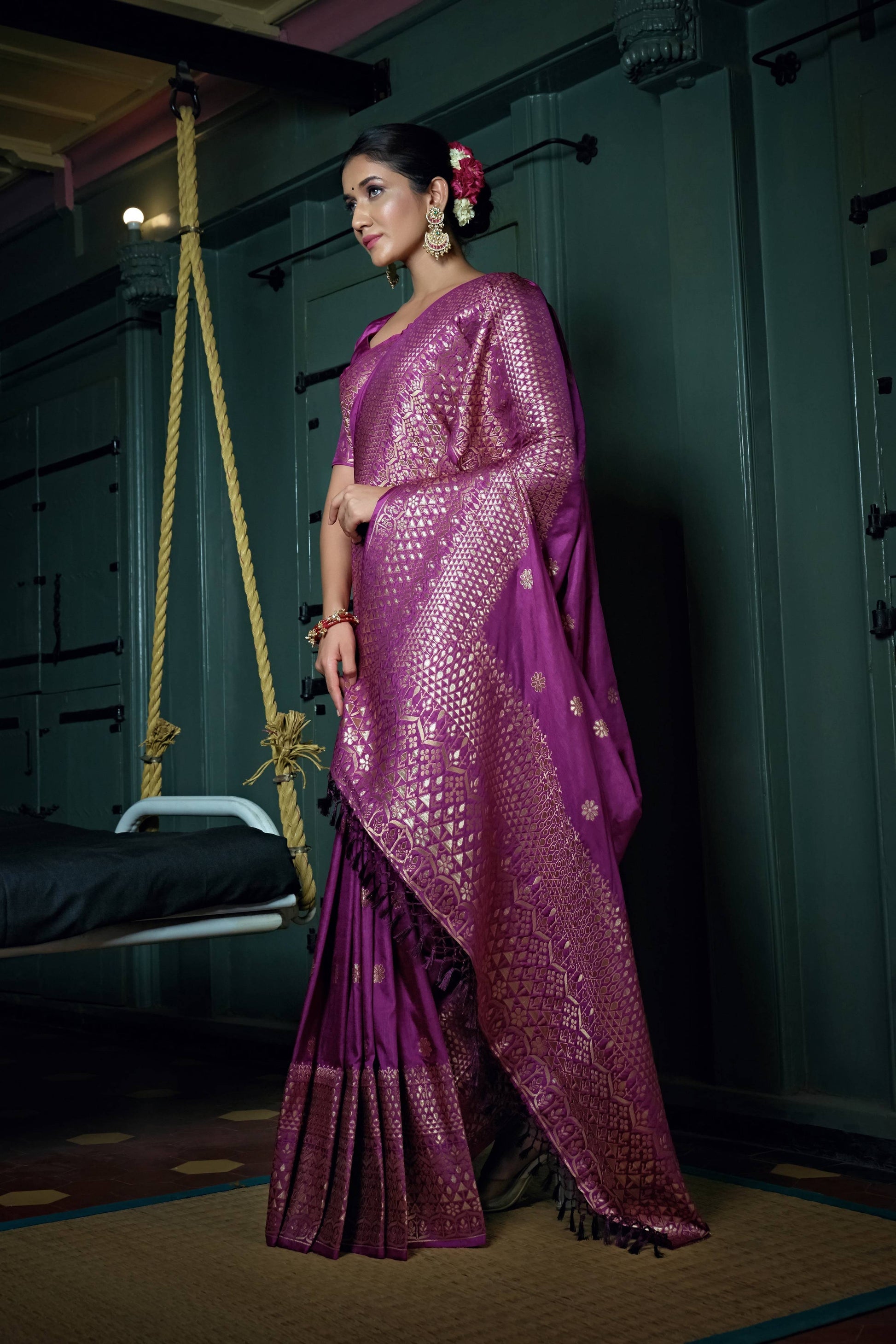 Vardha Byzantium Purple Golden Zari Banarasi Silk Saree | Swadesiicart
