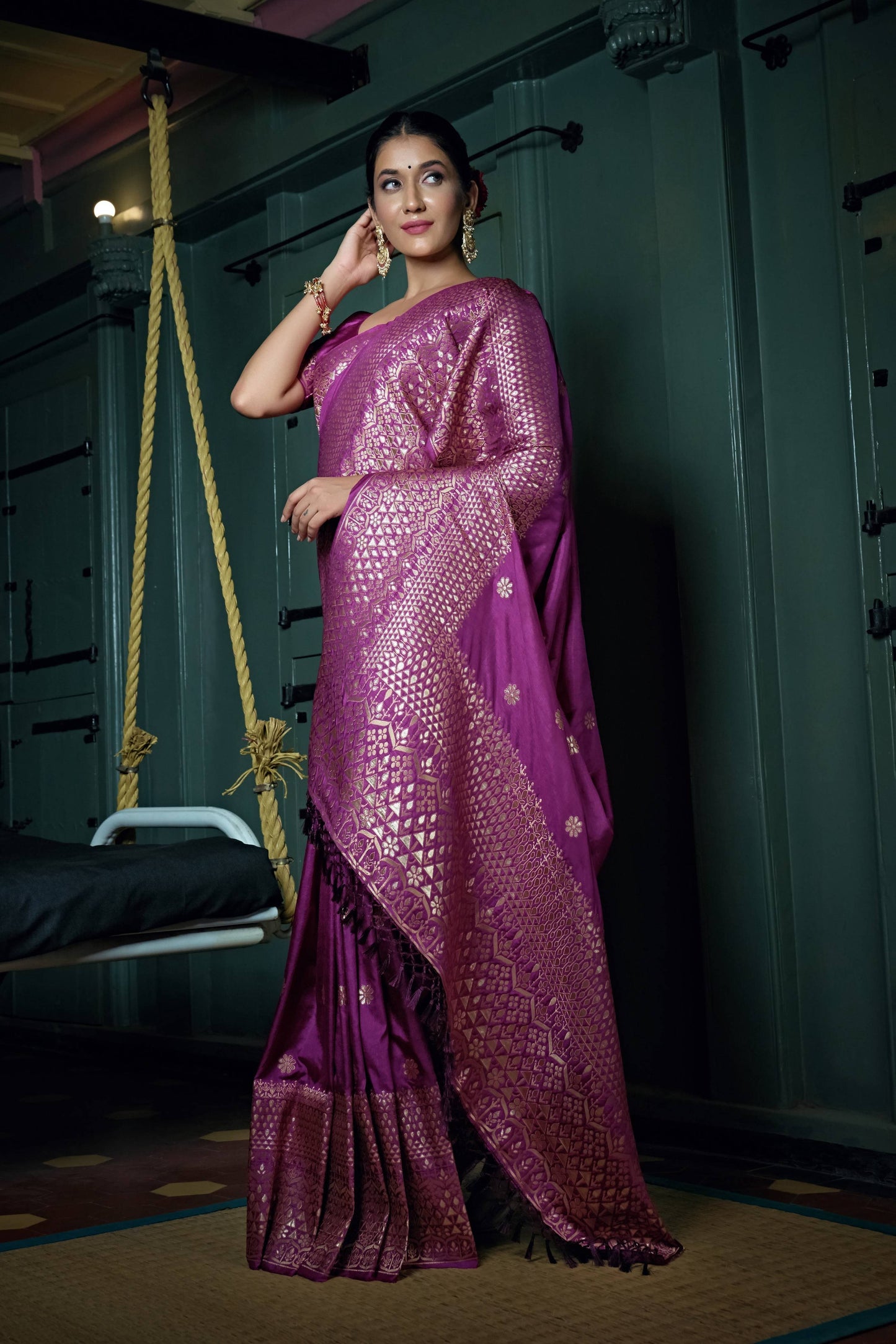 Vardha Byzantium Purple Golden Zari Banarasi Silk Saree | Swadesiicart
