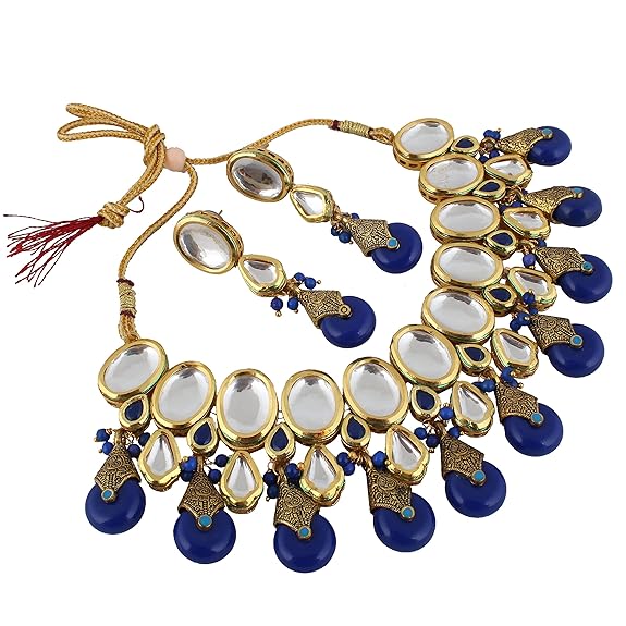 Tehzeeb Creations Back Meenakari Gold-Polished Tika Earring Jewellery Set Uncut Kundan Big Faux Kundan Dibbi Kundan Choker Necklace Set | Swadesiicart