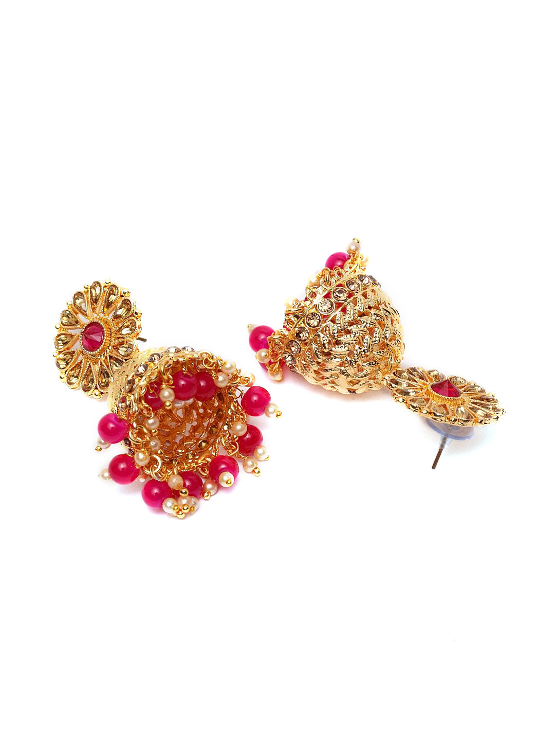 Shining Diva Gold-Polished Pink Dome Shaped Jhumkas | Swadesiicart