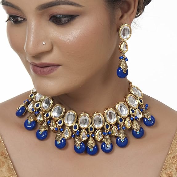 Tehzeeb Creations Back Meenakari Gold-Polished Tika Earring Jewellery Set Uncut Kundan Big Faux Kundan Dibbi Kundan Choker Necklace Set | Swadesiicart