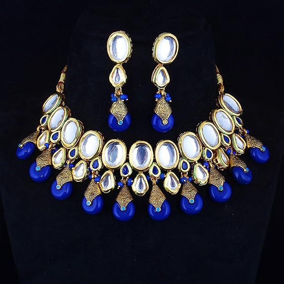 Tehzeeb Creations Back Meenakari Gold-Polished Tika Earring Jewellery Set Uncut Kundan Big Faux Kundan Dibbi Kundan Choker Necklace Set | Swadesiicart