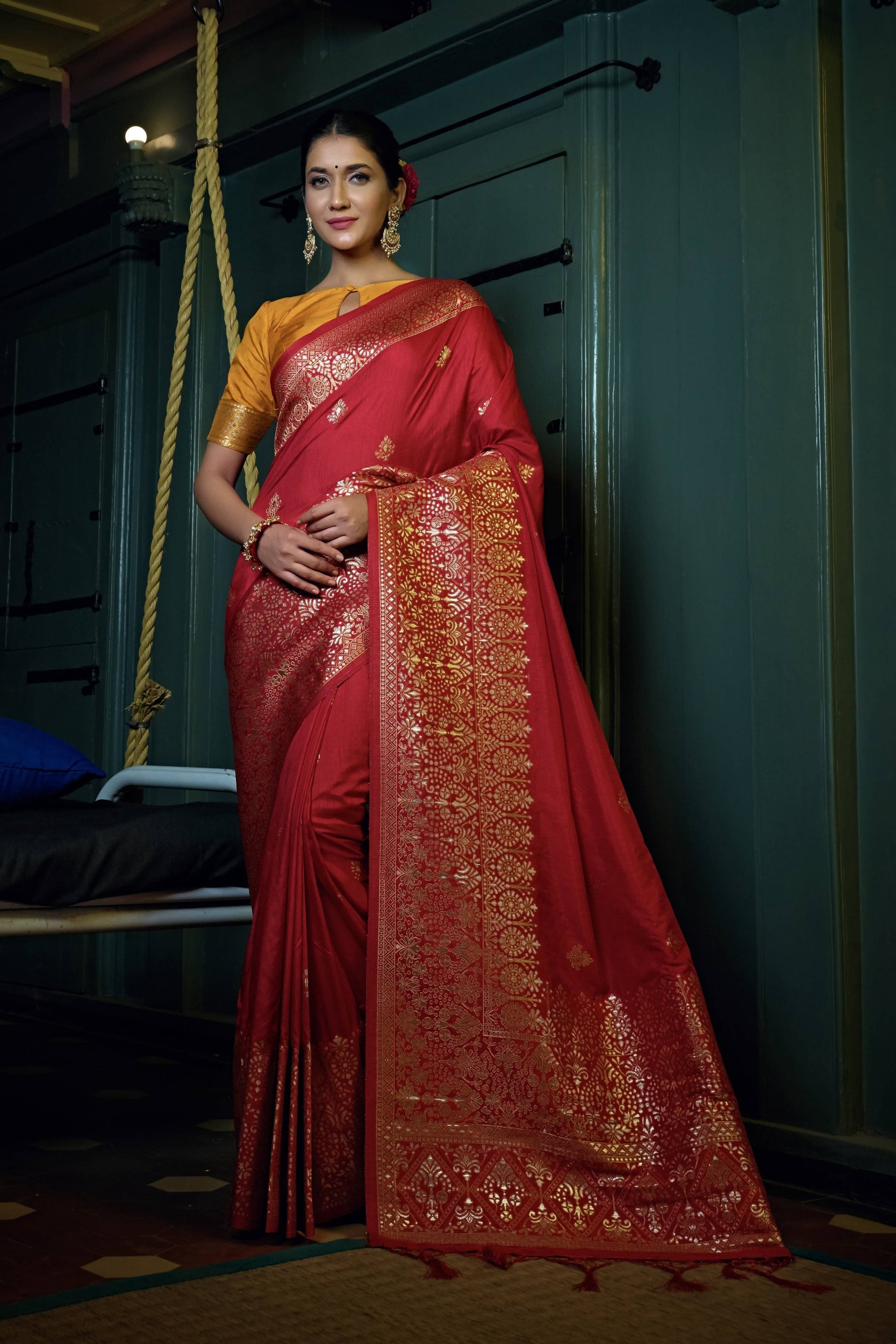 Vardha Crimson Red Golden Zari Banarasi Silk Saree | Swadesiicart