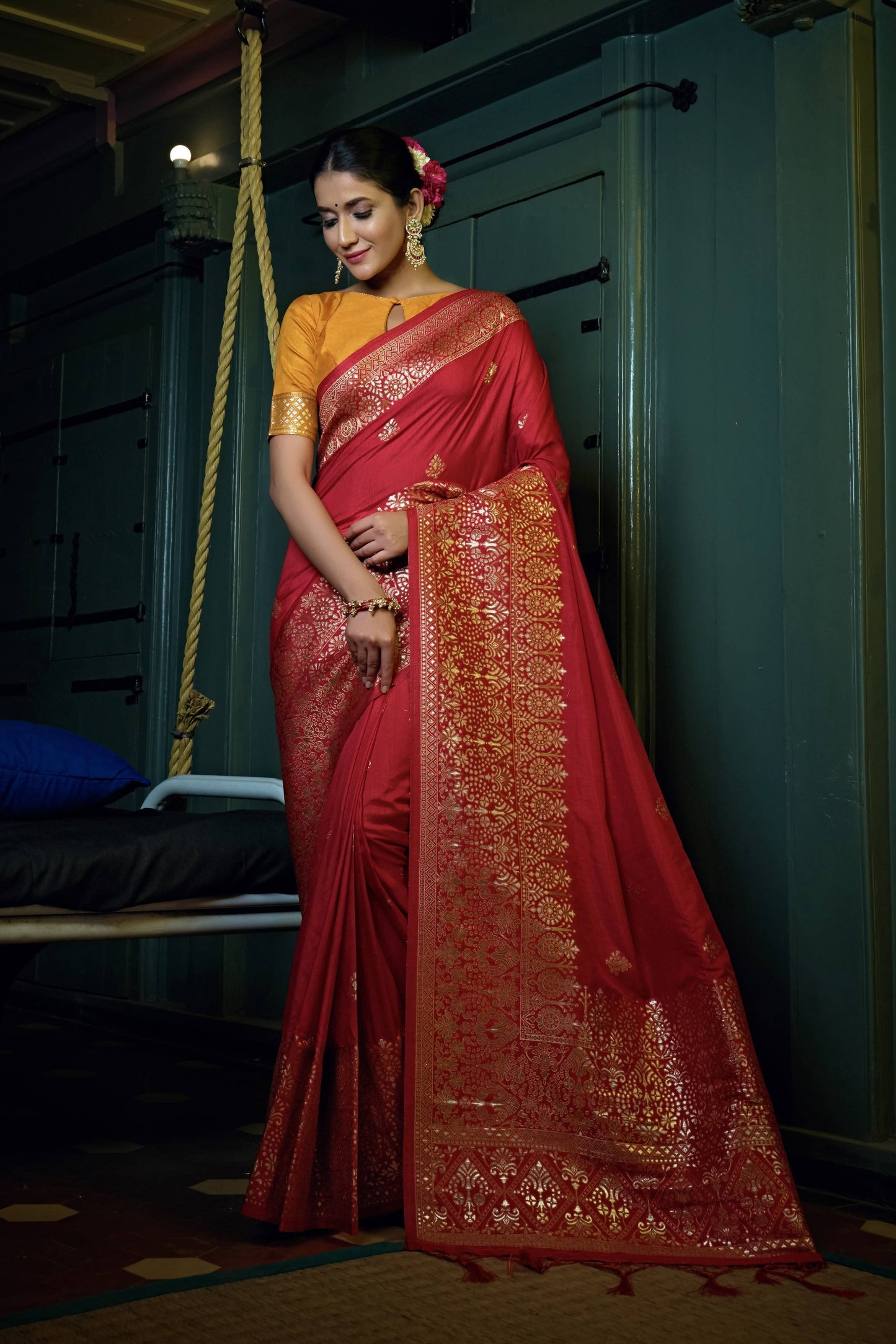 Vardha Crimson Red Golden Zari Banarasi Silk Saree | Swadesiicart