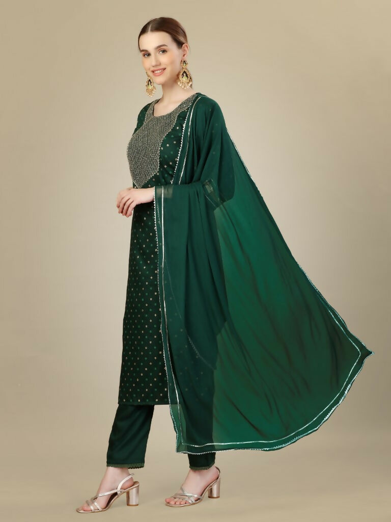 Jyoti Fashion Women's Dark Green Silk Blend Embroidery & Sequence work Kurta with Trouser & Dupatta | Swadesiicart