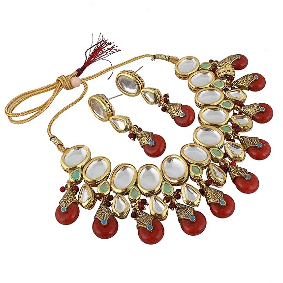 Tehzeeb Creations Back Meenakari Gold-Polished Tika Earring Jewellery Set Uncut Kundan Big Faux Kundan Dibbi Kundan Choker Necklace Set | Swadesiicart