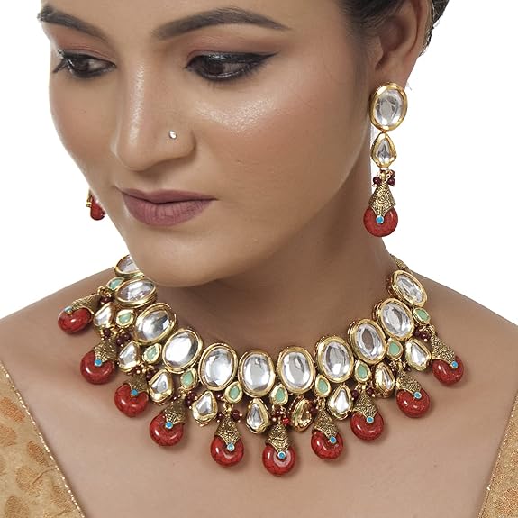 Tehzeeb Creations Back Meenakari Gold-Polished Tika Earring Jewellery Set Uncut Kundan Big Faux Kundan Dibbi Kundan Choker Necklace Set | Swadesiicart