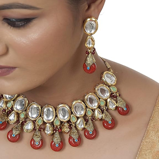 Tehzeeb Creations Back Meenakari Gold-Polished Tika Earring Jewellery Set Uncut Kundan Big Faux Kundan Dibbi Kundan Choker Necklace Set | Swadesiicart