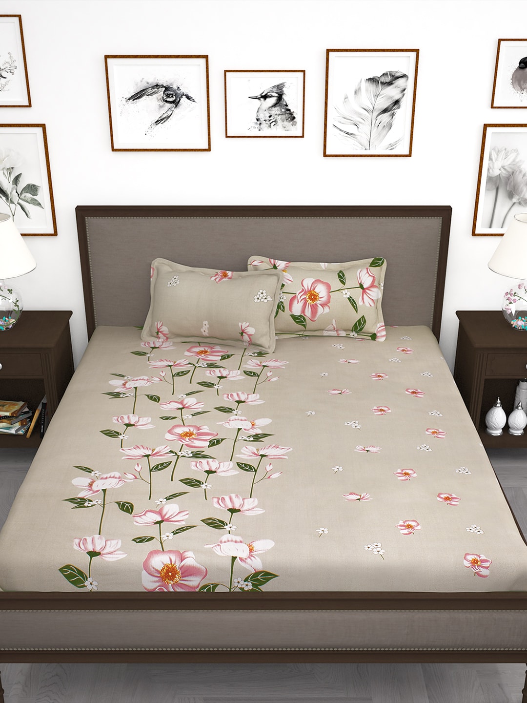 Story@home Beige & Red Floral Flat 240 TC 1 Double Bedsheet with 2 Pillow Covers - Swadesiicart