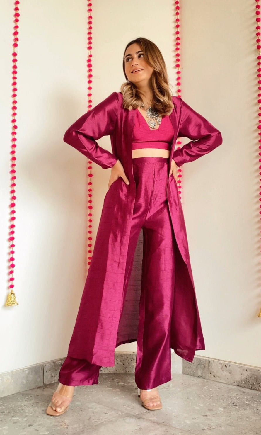 trueBrowns Purple Textured Silk Overlay Jacket Blouse Pant Set | Relove | Swadesiicart