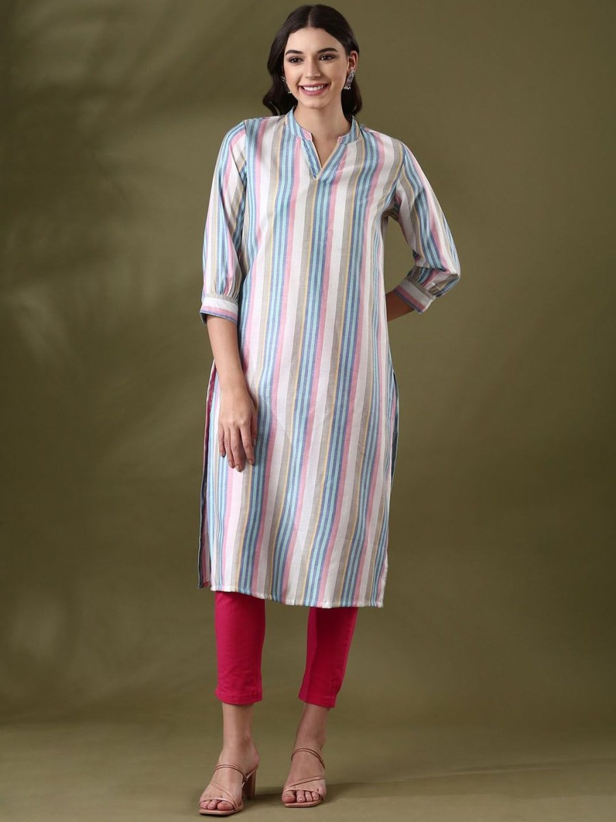 Anouk White Striped Mandarin Collar Pure Cotton Straight Kurta - Swadesiicart