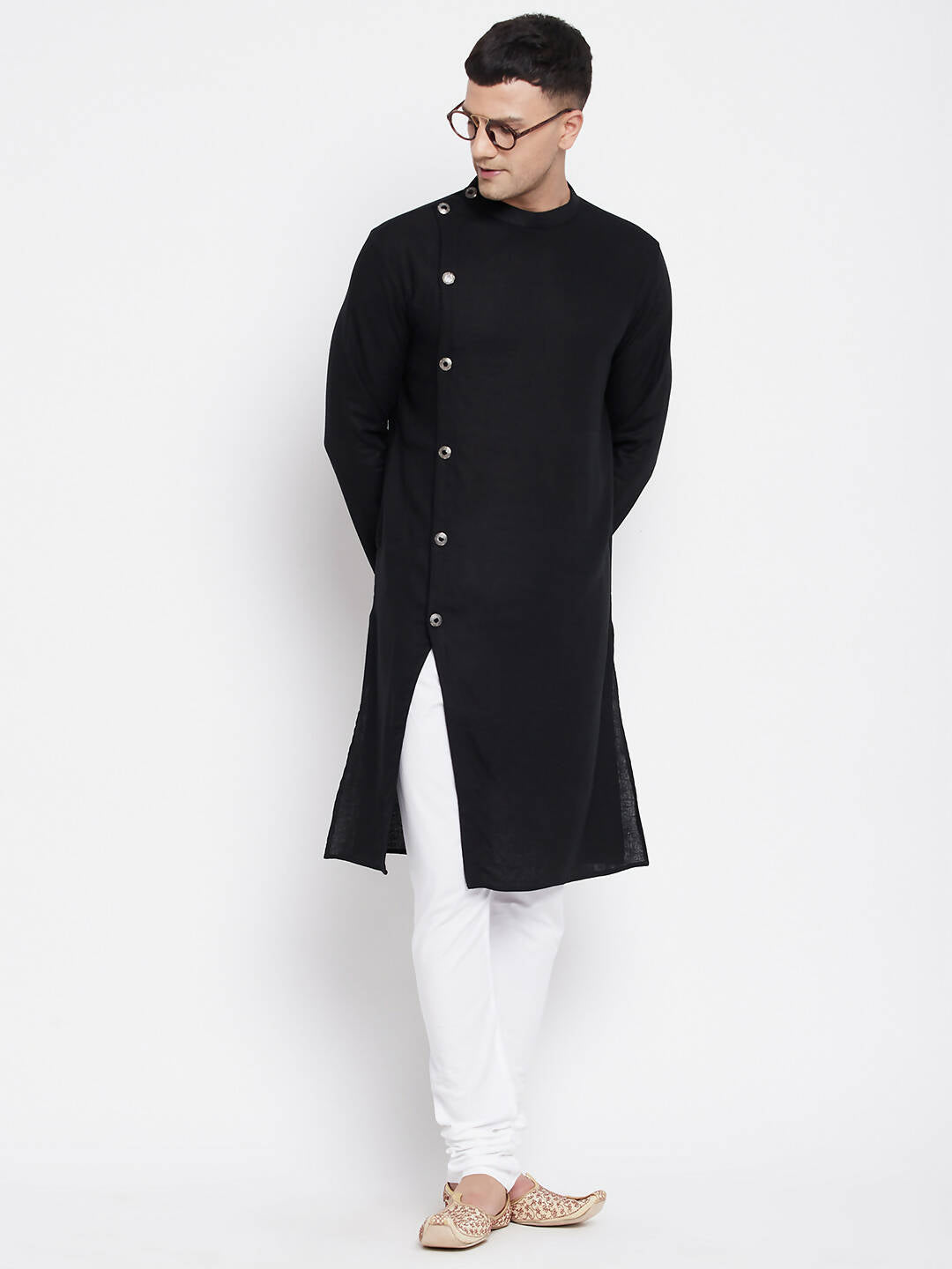 Even Apparels Black Pure Cotton Men's Sherwani Kurta With Asymetrical Cut | Swadesiicart