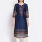 Myshka Women's Navy Blue Printed Chanderi Silk 3/4 Sleeve Round Neck Casual Kurta