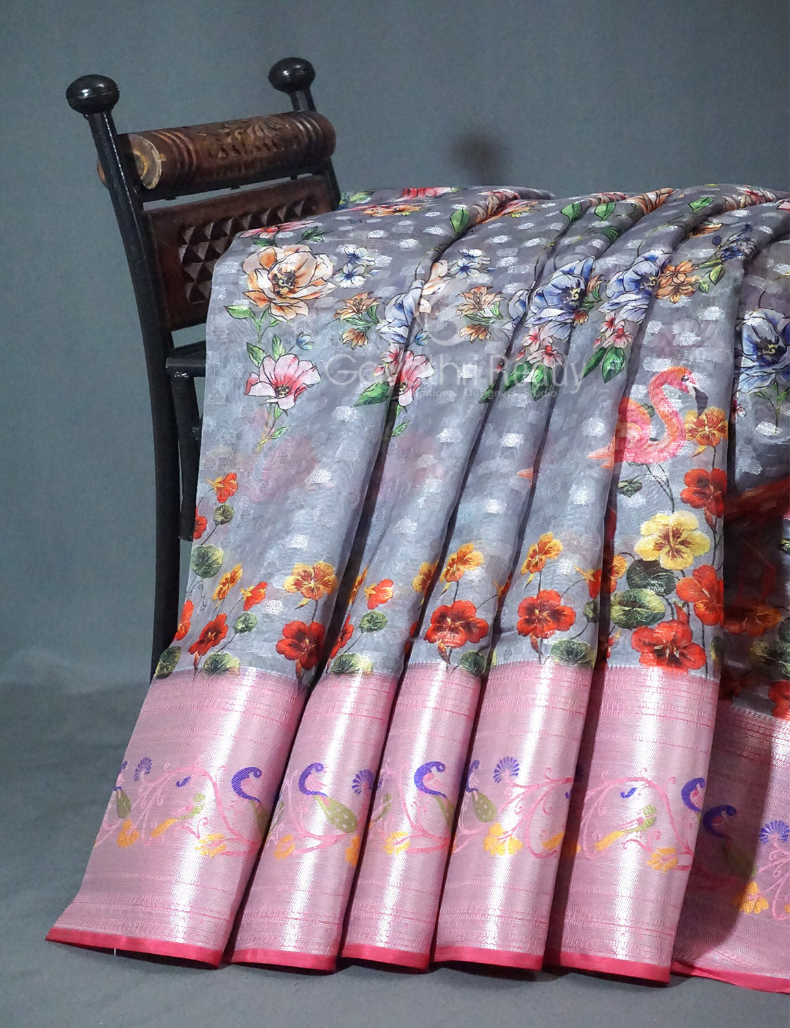 Shades of Grey Colour Floral Design Banaras Semi Silk Saree By Gayathri Reddy Designer Studio | Swadesiicart