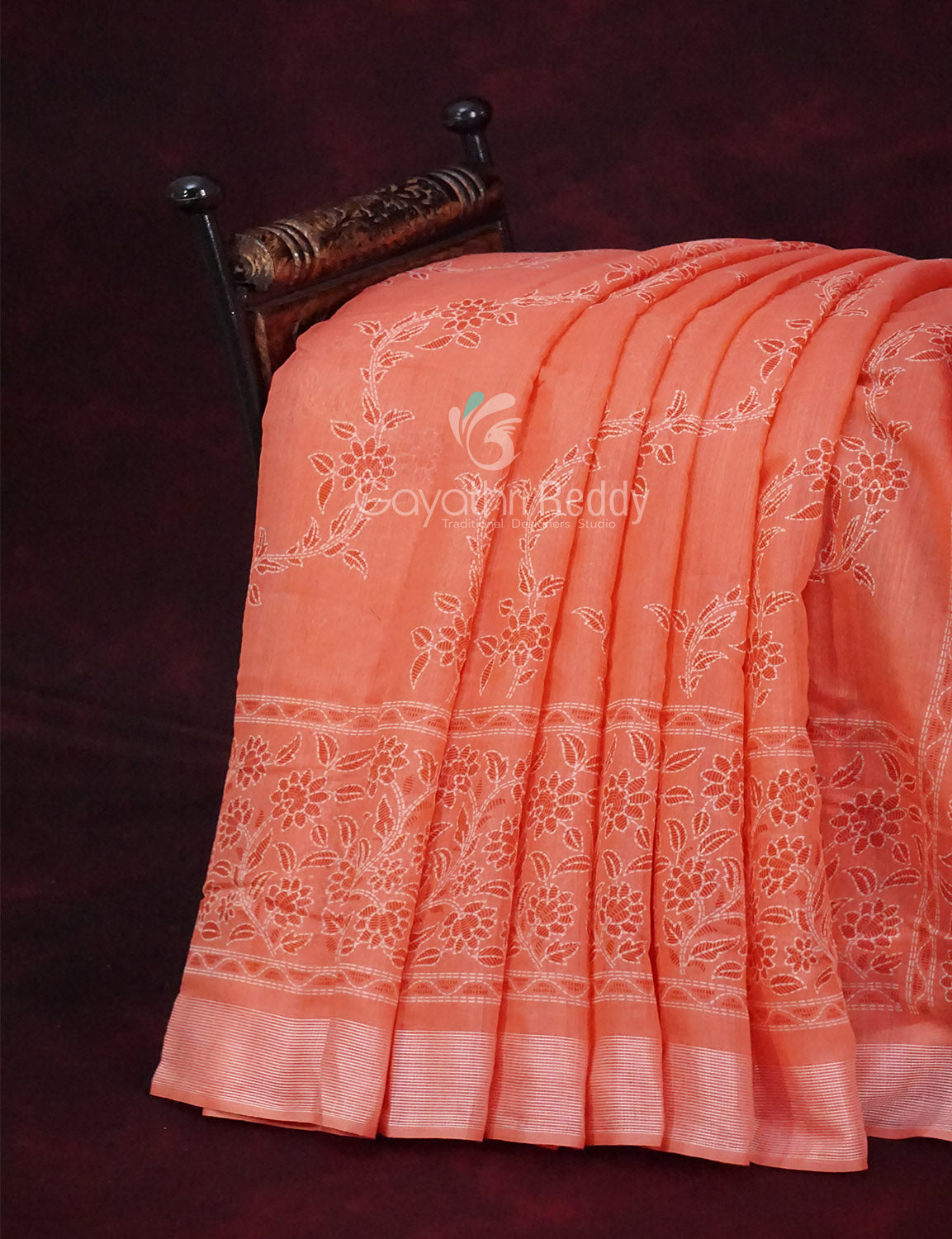 Mix of Peach and Orange Block Printed Semi Chanderi Saree By Gayathri Reddy Designer Studio | Swadesiicart