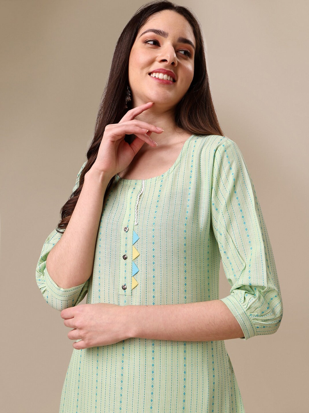 Kalini Striped Puff Sleeves Kurta with Trousers - Swadesiicart