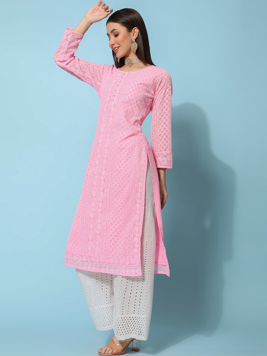 Kalini Ethnic Motifs Embroidered Chikankari Georgette Straight Kurta | Swadesiicart