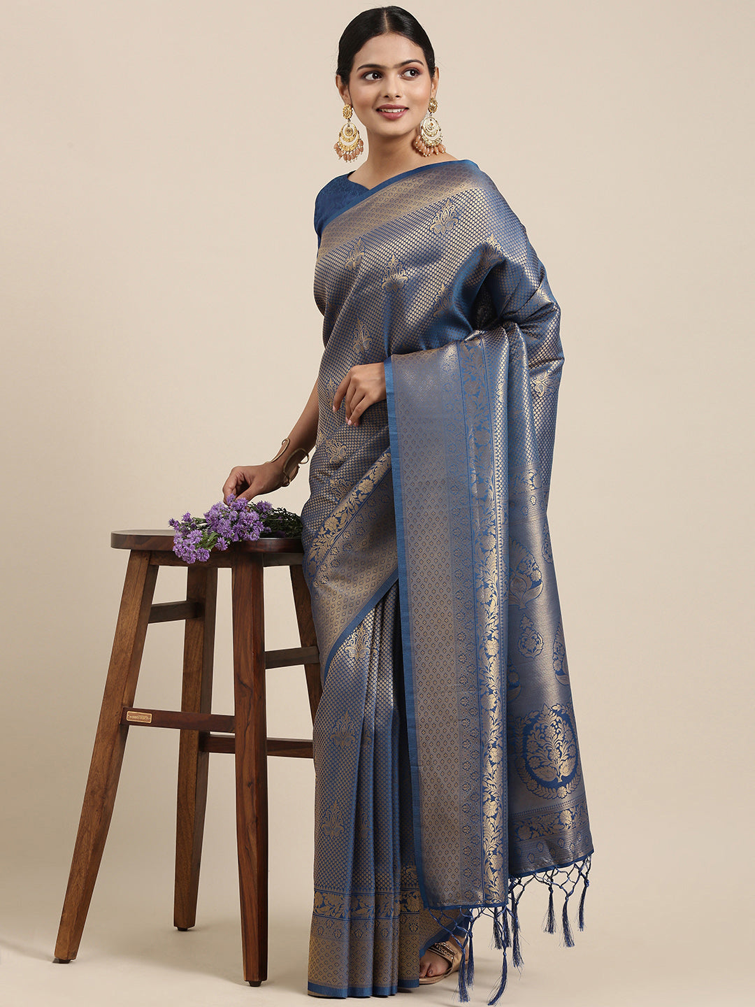 Saree Mall Navy Blue Ethnic Motifs Zari Silk Blend Banarasi Saree | Swadesiicart