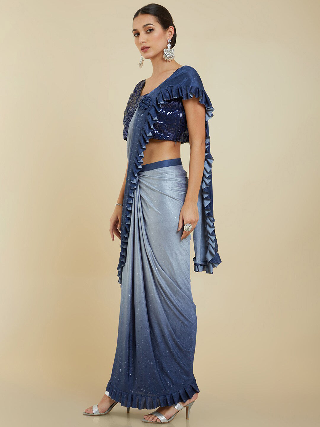 Soch Blue Sequinned Poly Crepe Ready to Wear Saree | Swadesiicart