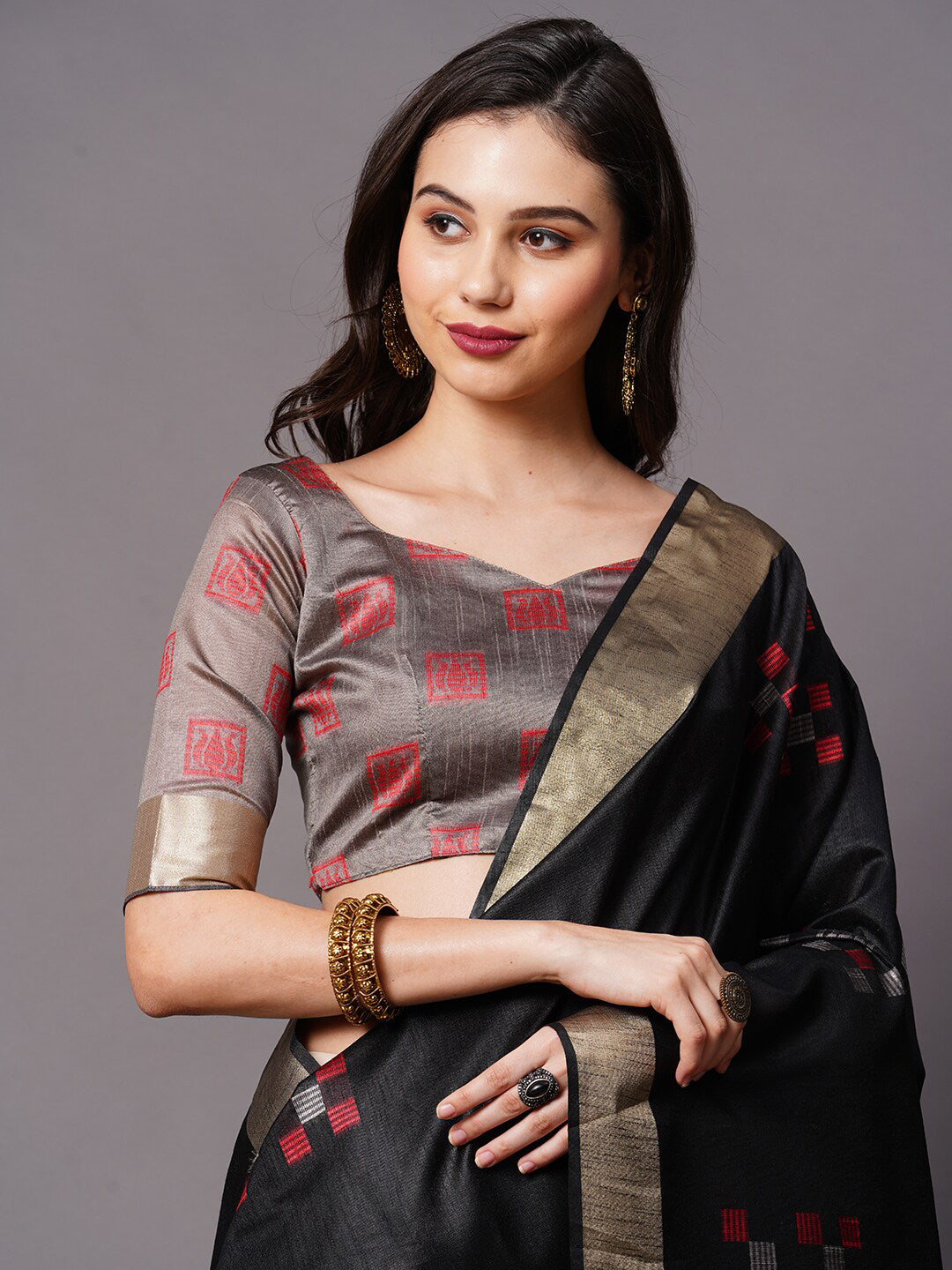 Mitera Black & Red Ethnic Motifs Silk Cotton Banarasi Saree | Swadesiicart