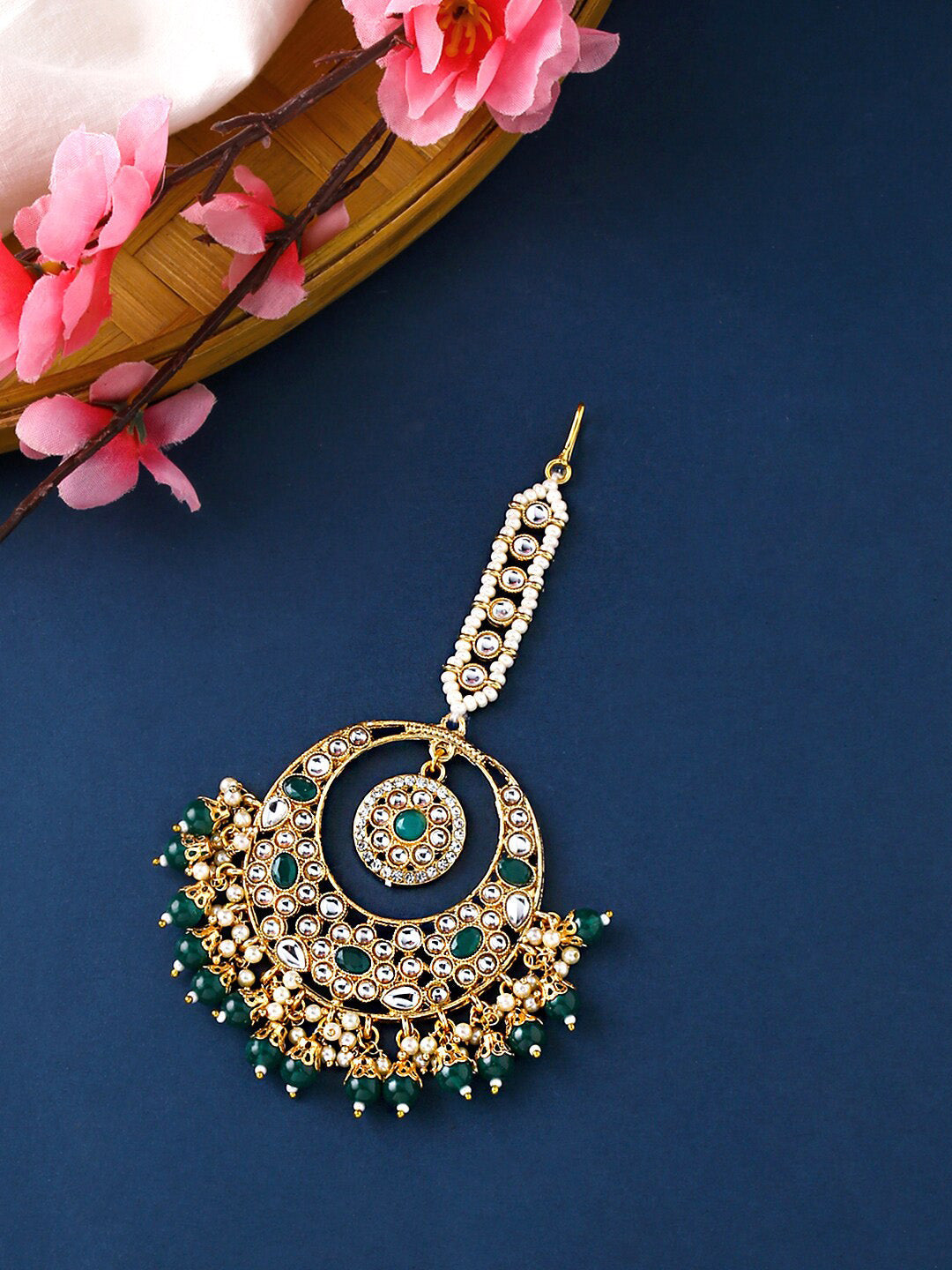 Yellow Chimes Gold-Polished White & Green Kundan-Studded & Beaded Maang Tikka | Swadesiicart