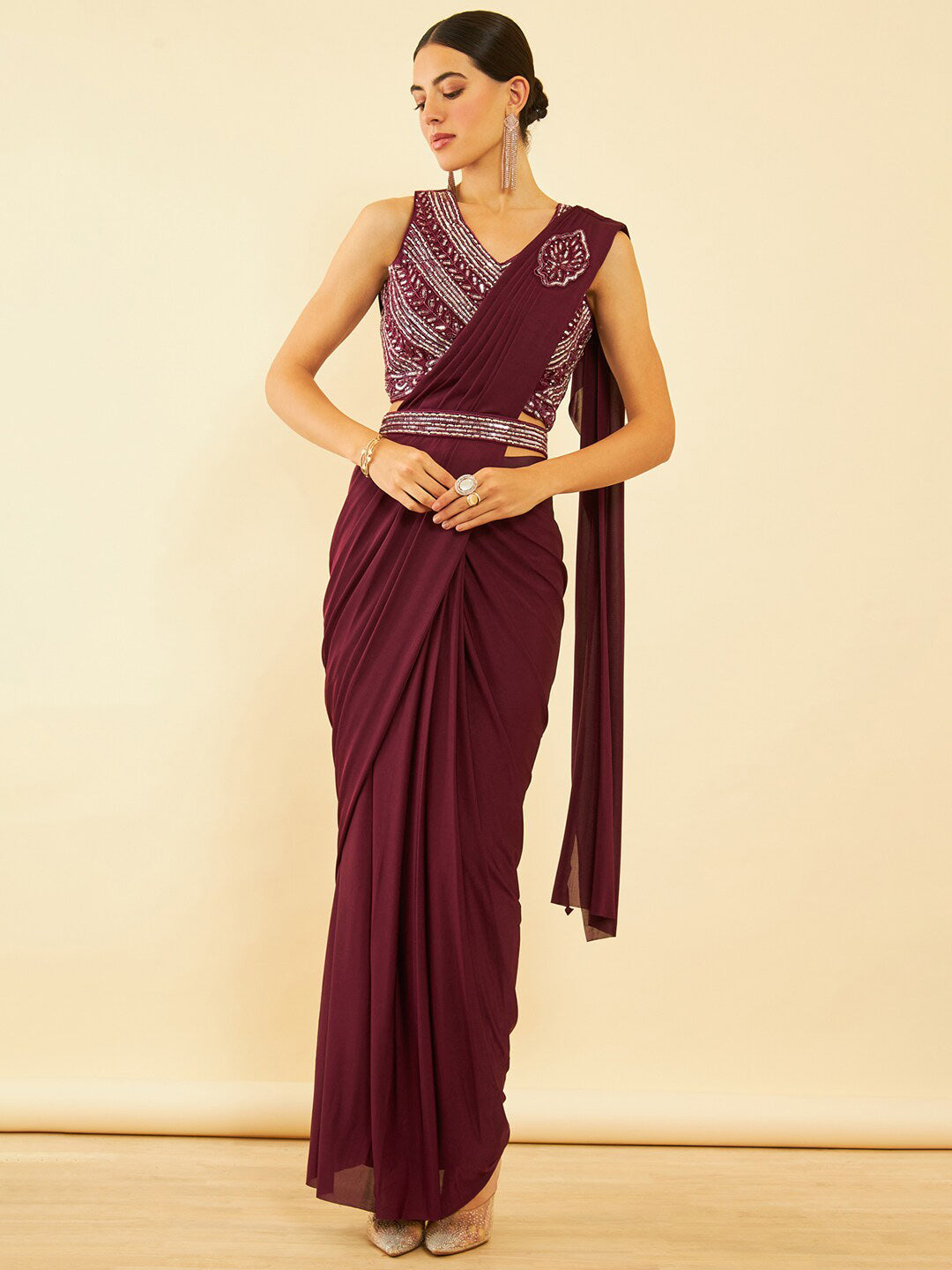 Soch Maroon Beads and Stones Ready to Wear Saree | Swadesiicart