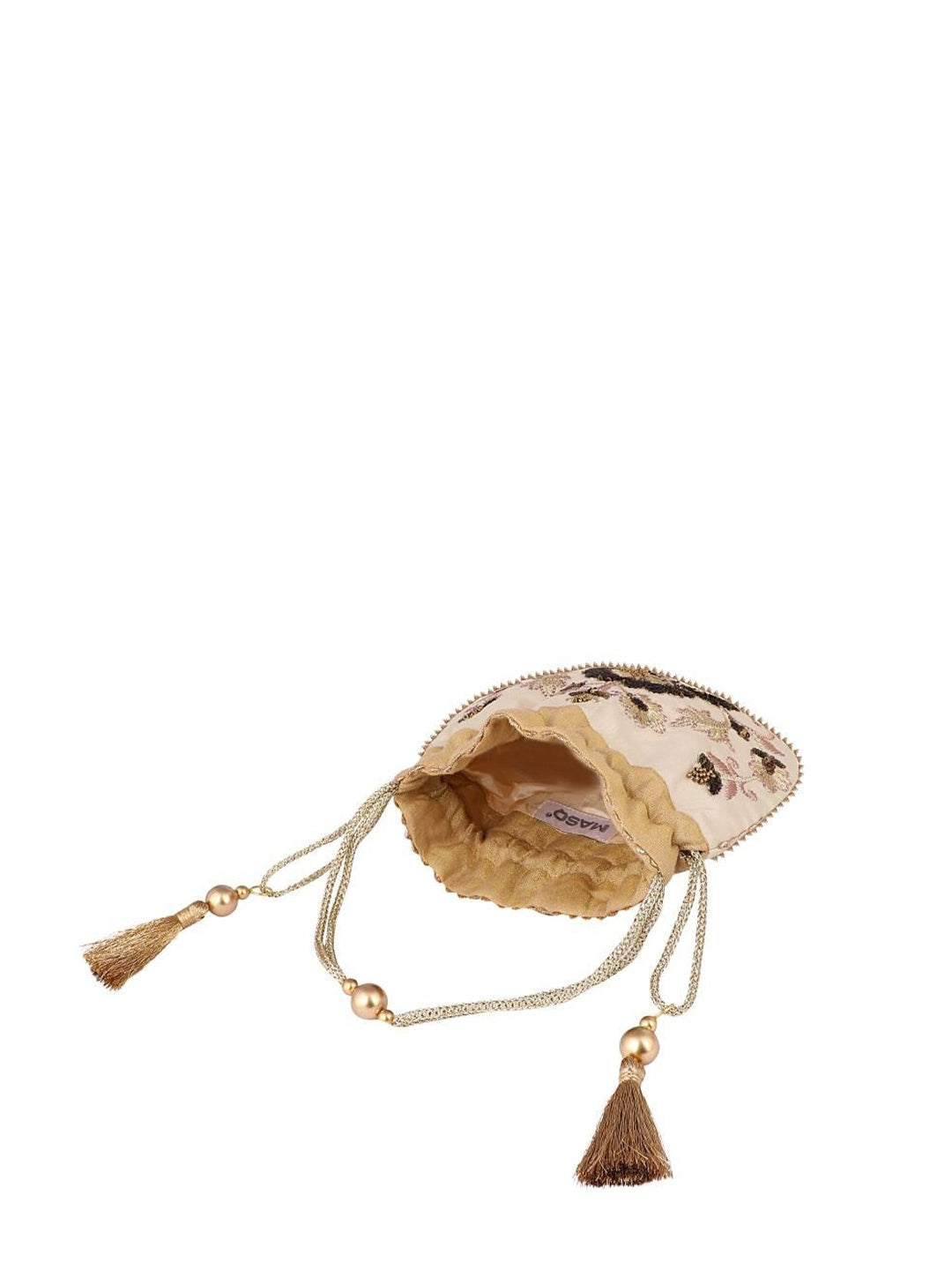 Masq Beige & Brown Embellished Embroidered Potli Clutch - Swadesiicart