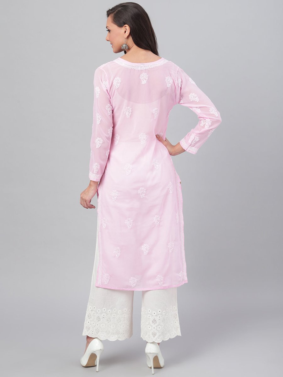 ADA Women Pink & White Chikankari Hand Embroidered Straight Sustainable Handloom Kurta | Swadesiicart