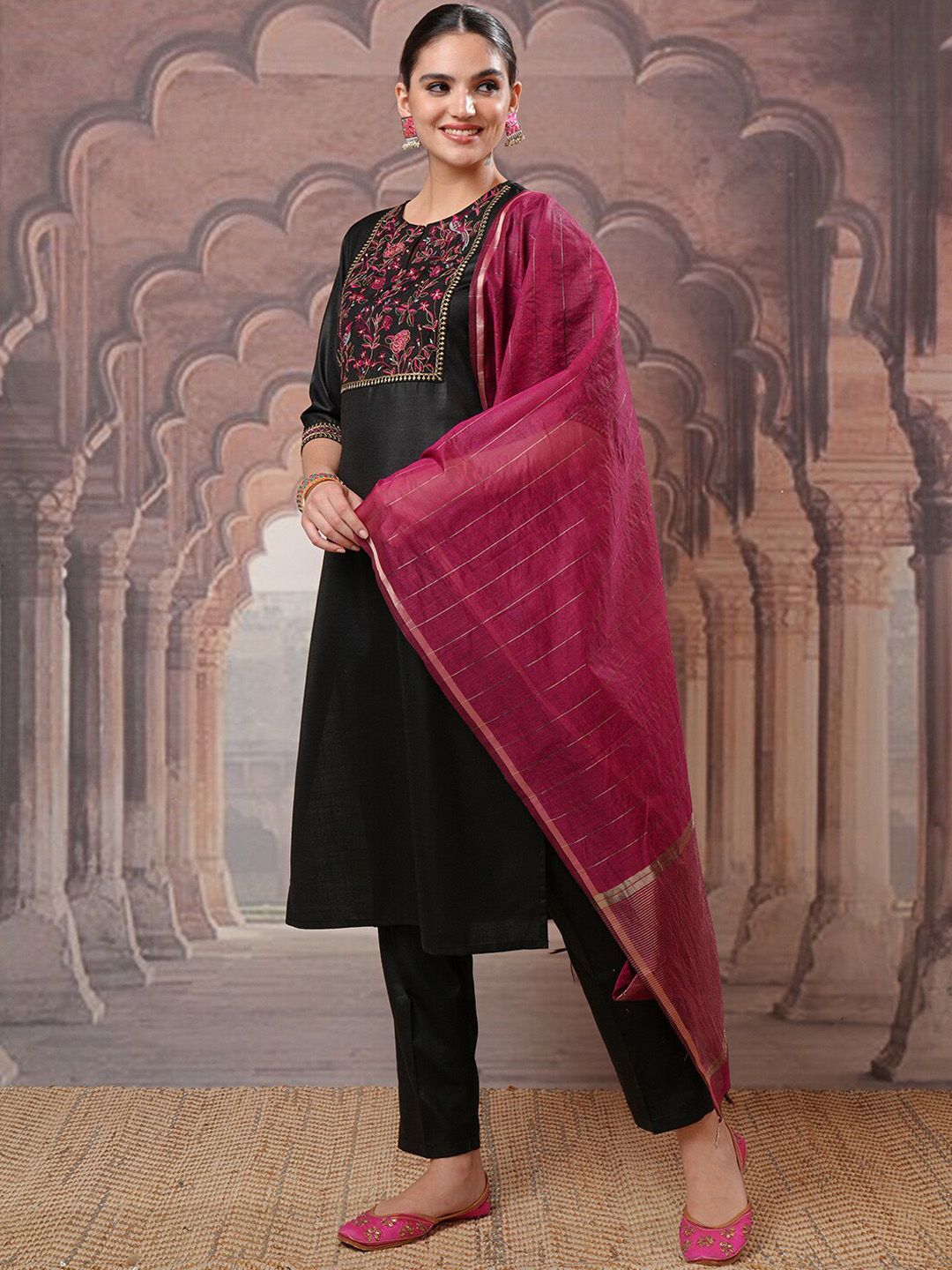 Vishudh Black Yoke Design Thread Work Kurta with Trouser & Dupatta - Swadesiicart