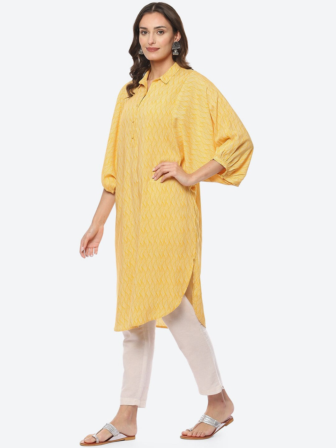 Biba Abstract Printed Batwing Sleeves Shirt Collar Kurta - Swadesiicart