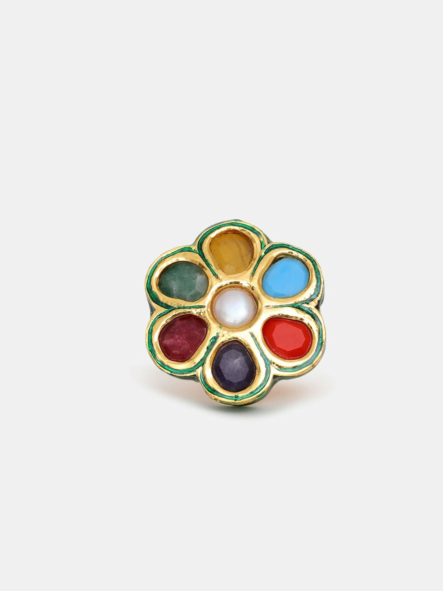 Ruby Raang Gold Polished Multi-Color Navratan Cocktail Ring | Swadesiicart