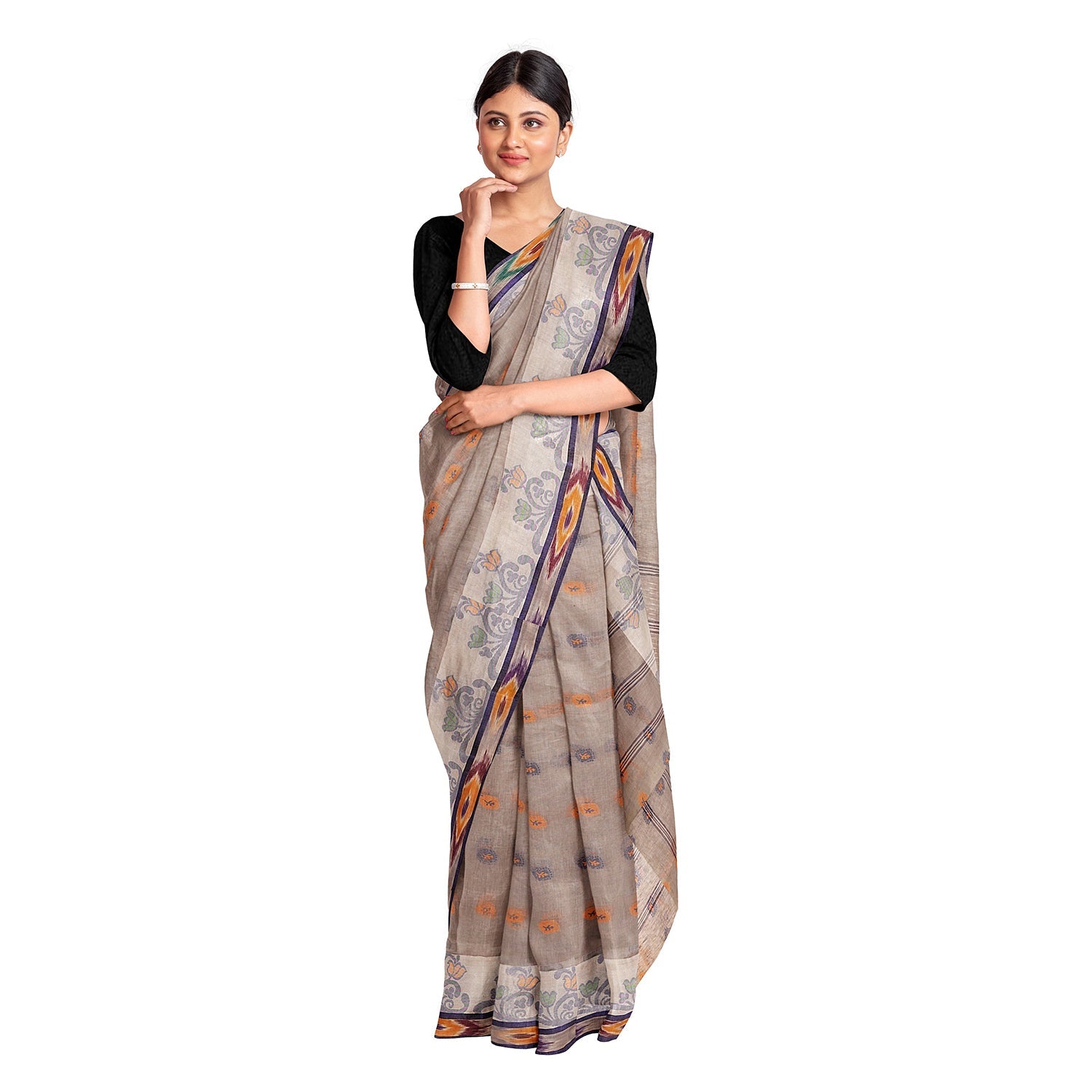Exclusive Collection 100% Pure Cotton Beige Tant Saree With Hand Weaving Work - Swadesiicart