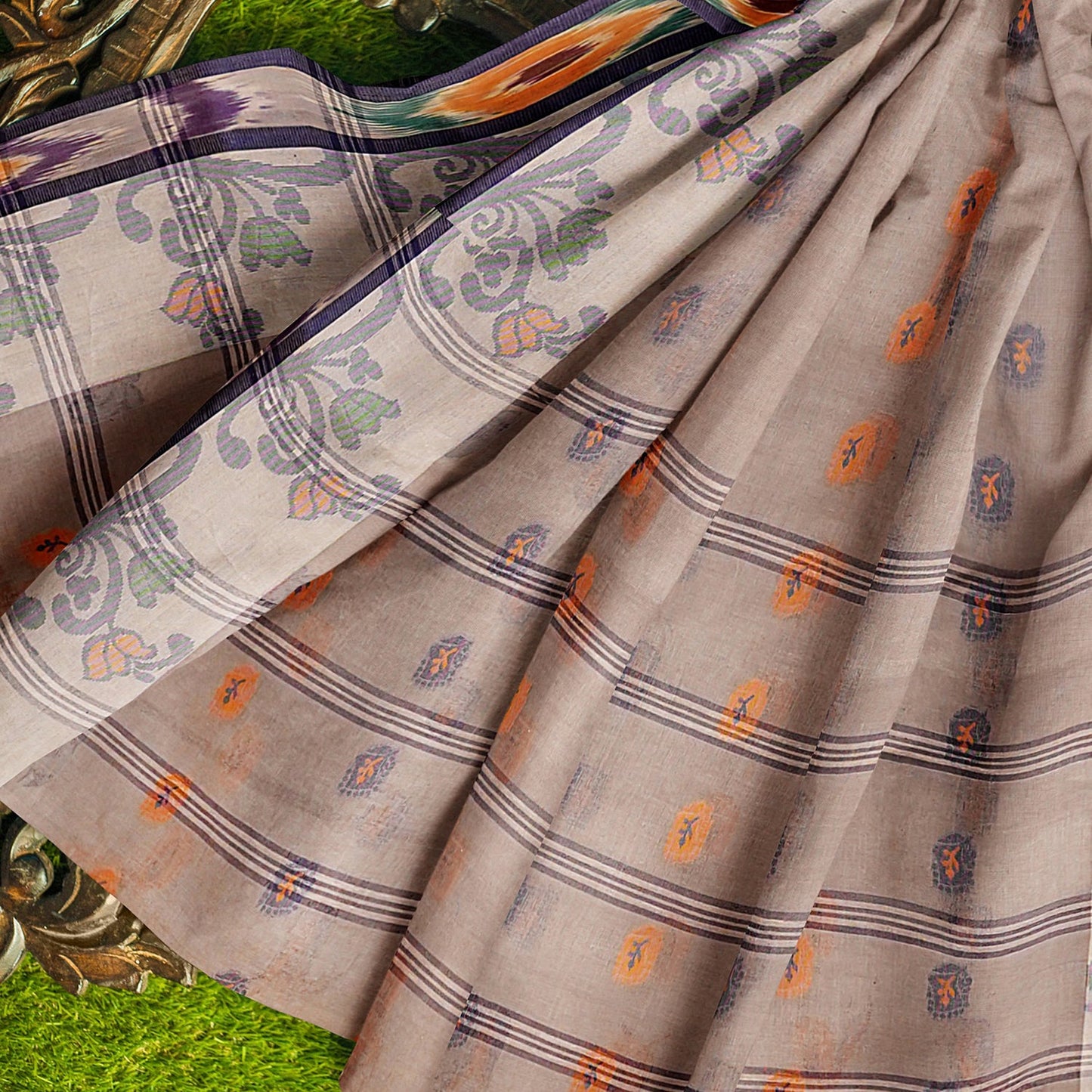 Exclusive Collection 100% Pure Cotton Beige Tant Saree With Hand Weaving Work - Swadesiicart