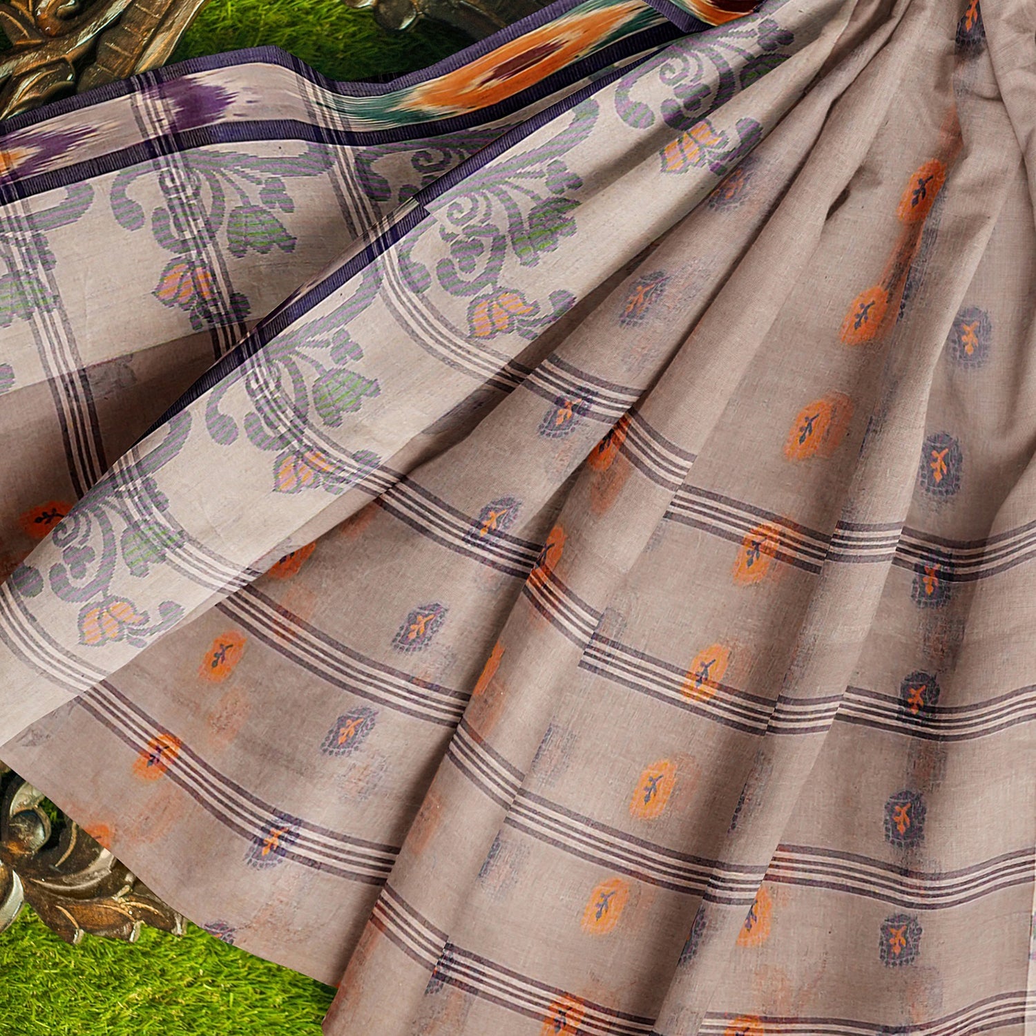 Exclusive Collection 100% Pure Cotton Beige Tant Saree With Hand Weaving Work - Swadesiicart