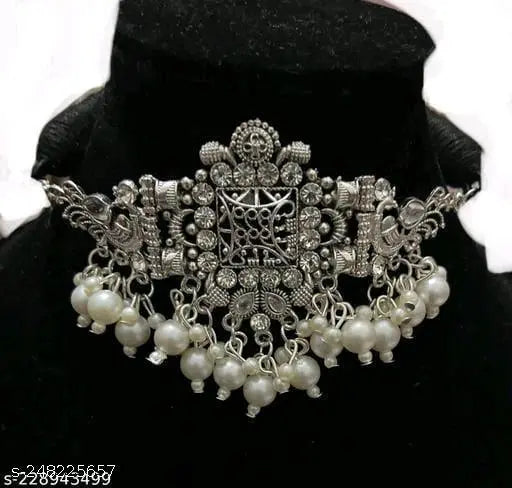 Tehzeeb Creations Women's Silver Colour Necklace With Peacock Design - Swadesiicart