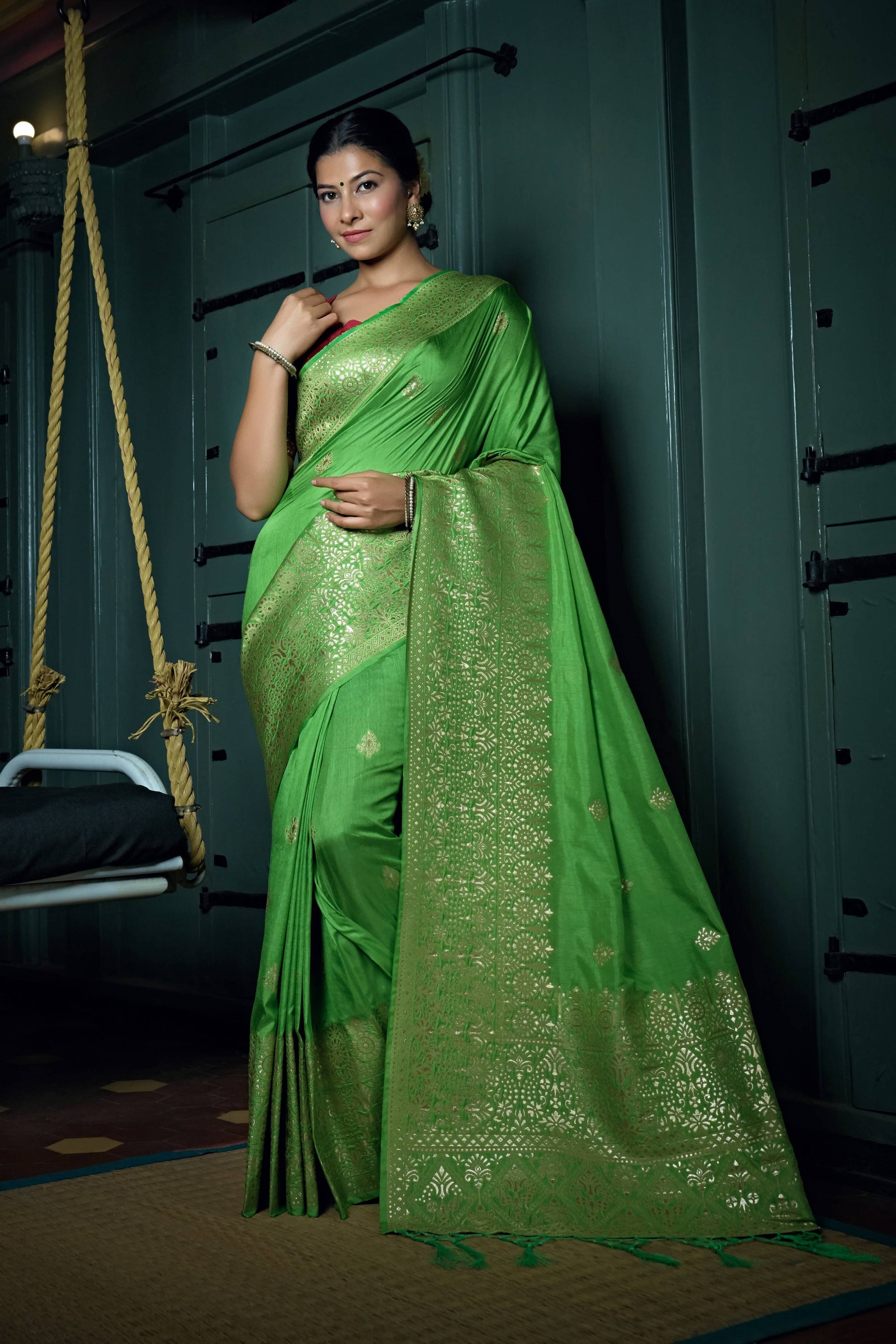 Vardha Slime Green Golden Zari Banarasi Silk Saree | Swadesiicart