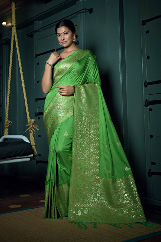 Vardha Slime Green Golden Zari Banarasi Silk Saree | Swadesiicart