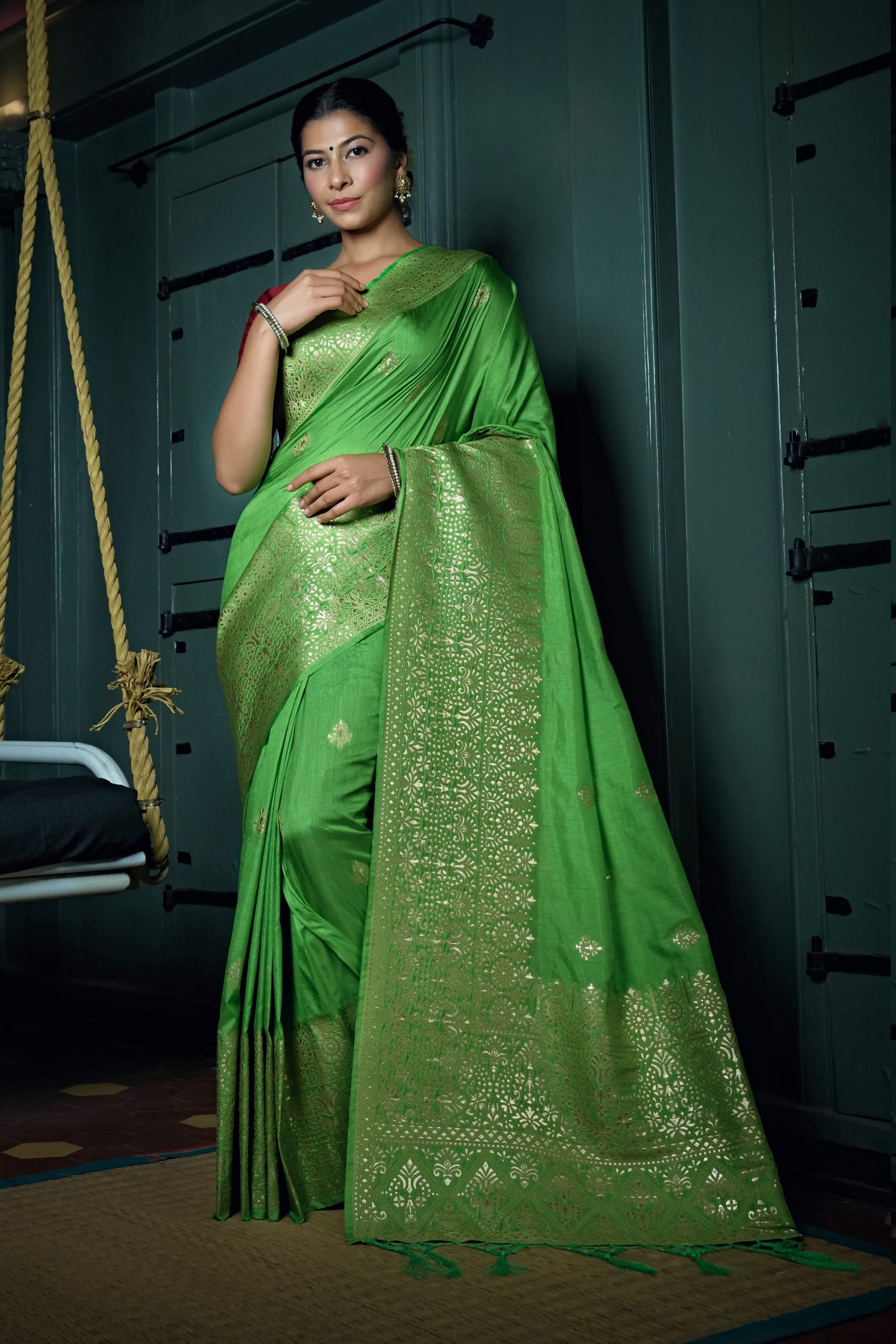Vardha Slime Green Golden Zari Banarasi Silk Saree | Swadesiicart