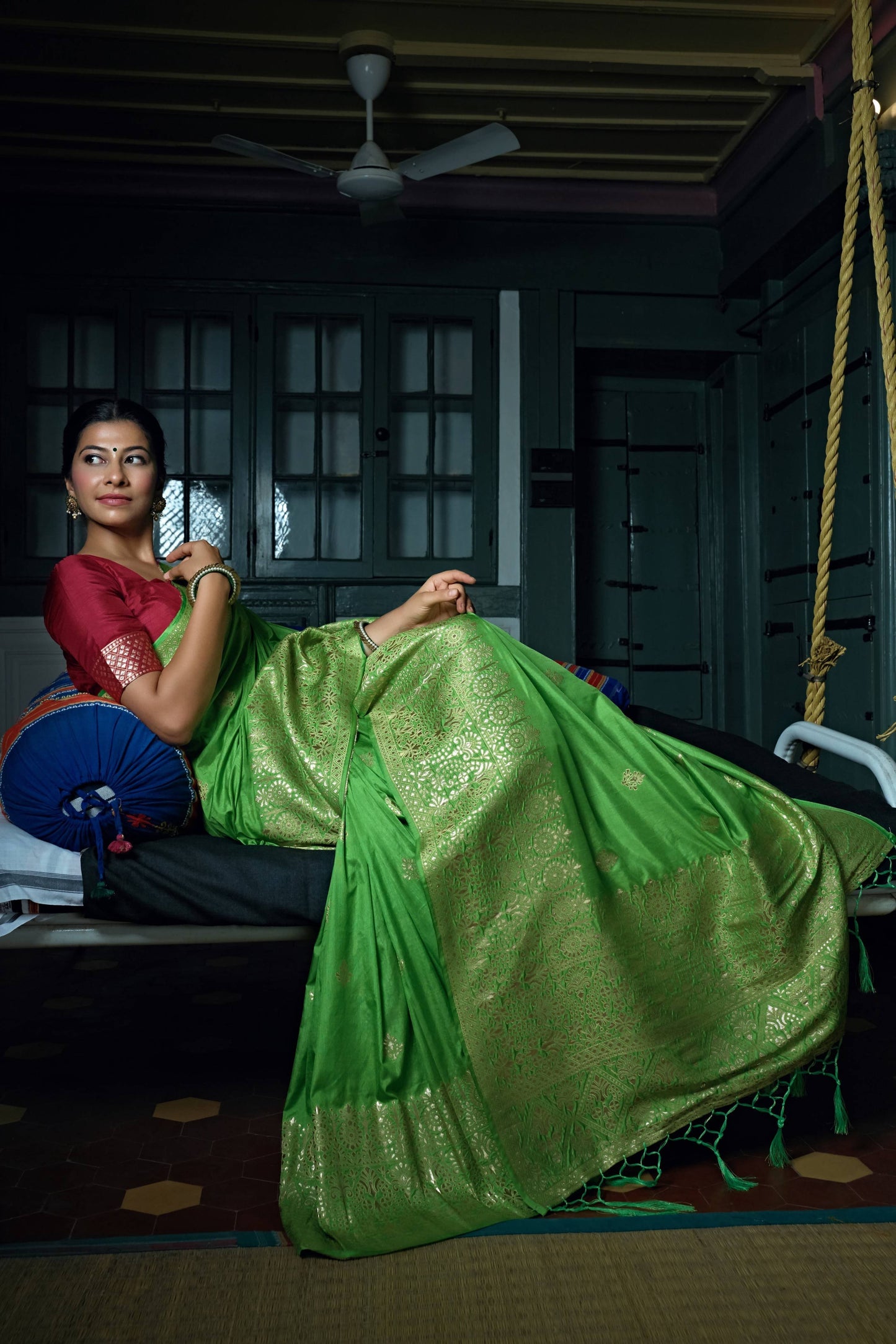 Vardha Slime Green Golden Zari Banarasi Silk Saree | Swadesiicart