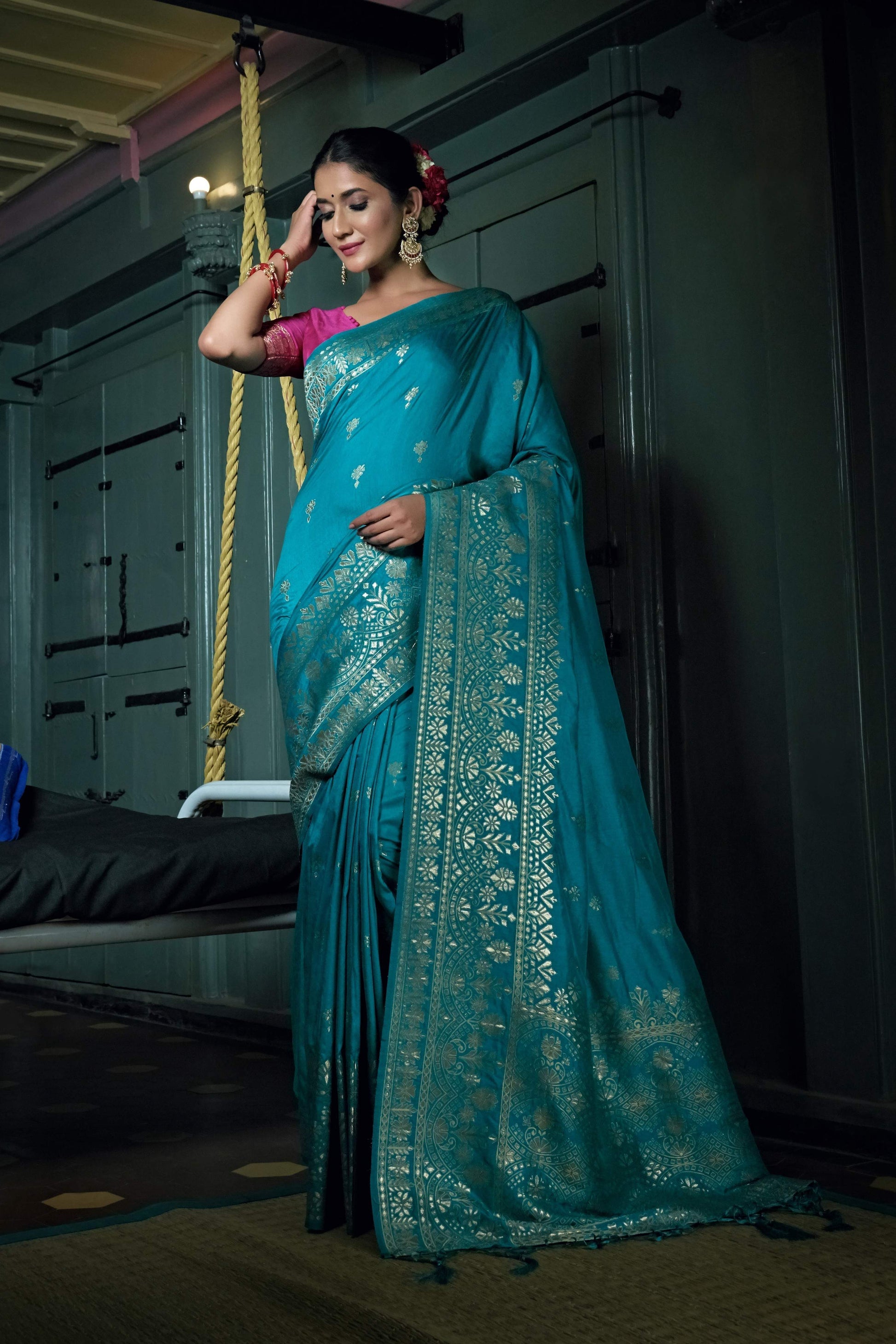 Vardha Sapphire Blue Golden Zari Banarasi Silk Saree | Swadesiicart
