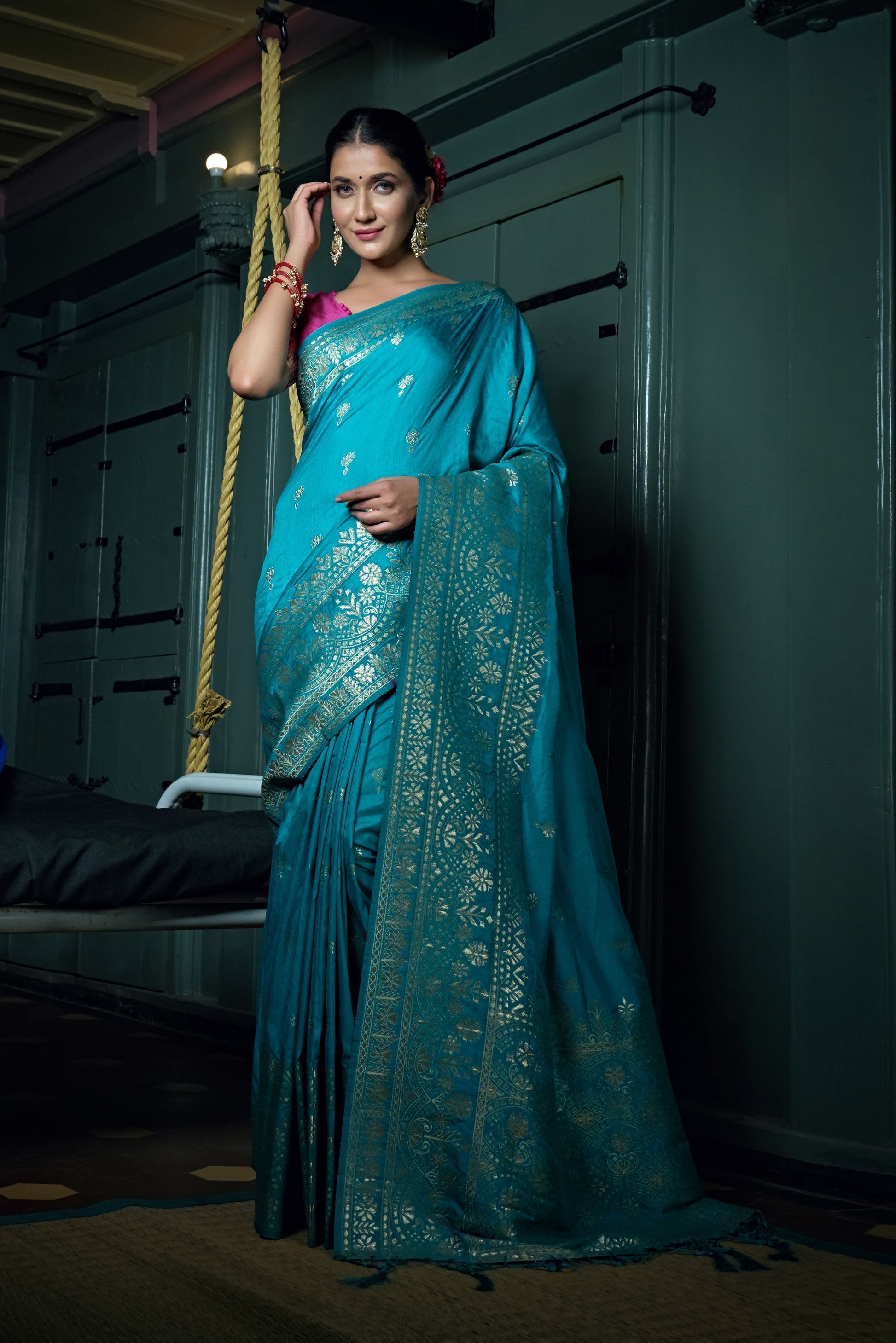 Vardha Sapphire Blue Golden Zari Banarasi Silk Saree | Swadesiicart