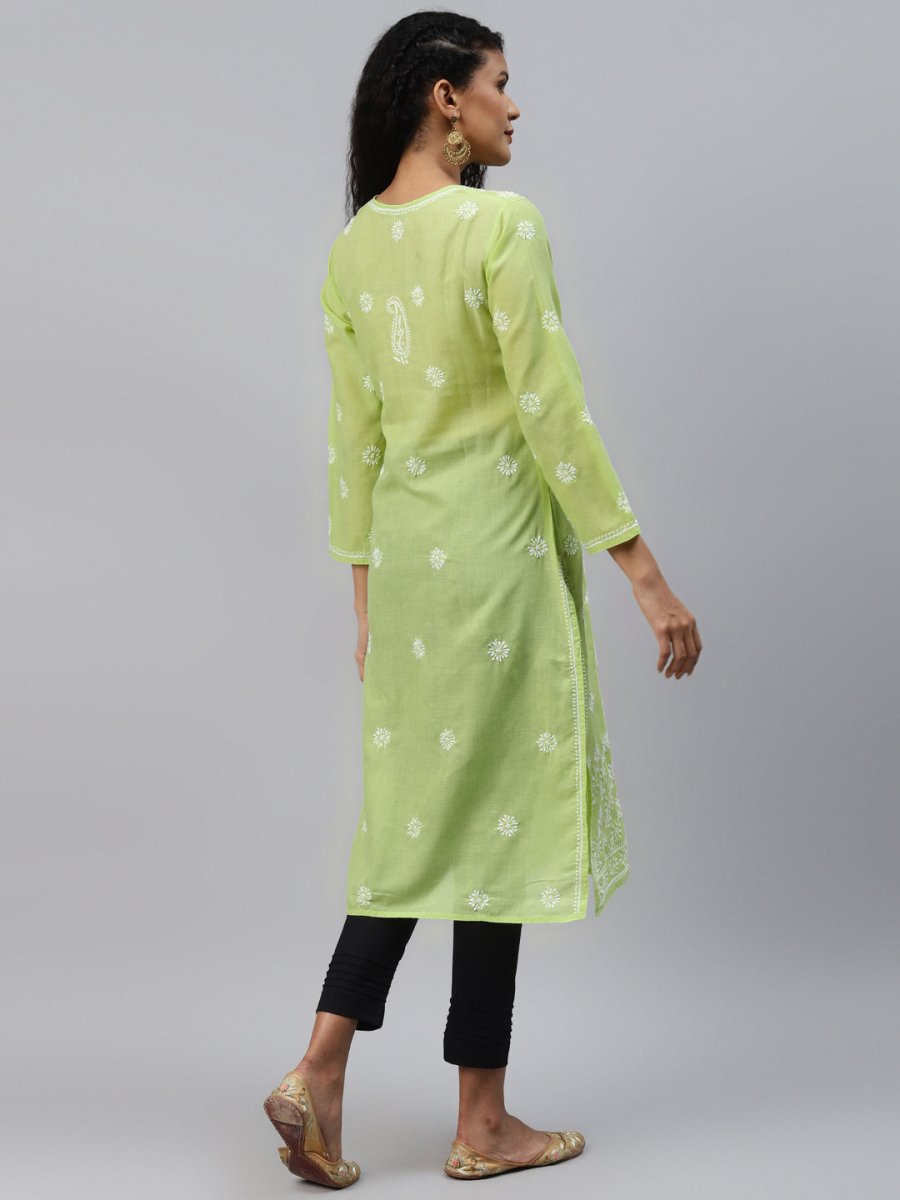 ADA Women Green & White Ethnic Motifs Chikankari Hand Embroidered Sustainable Kurta | Swadesiicart